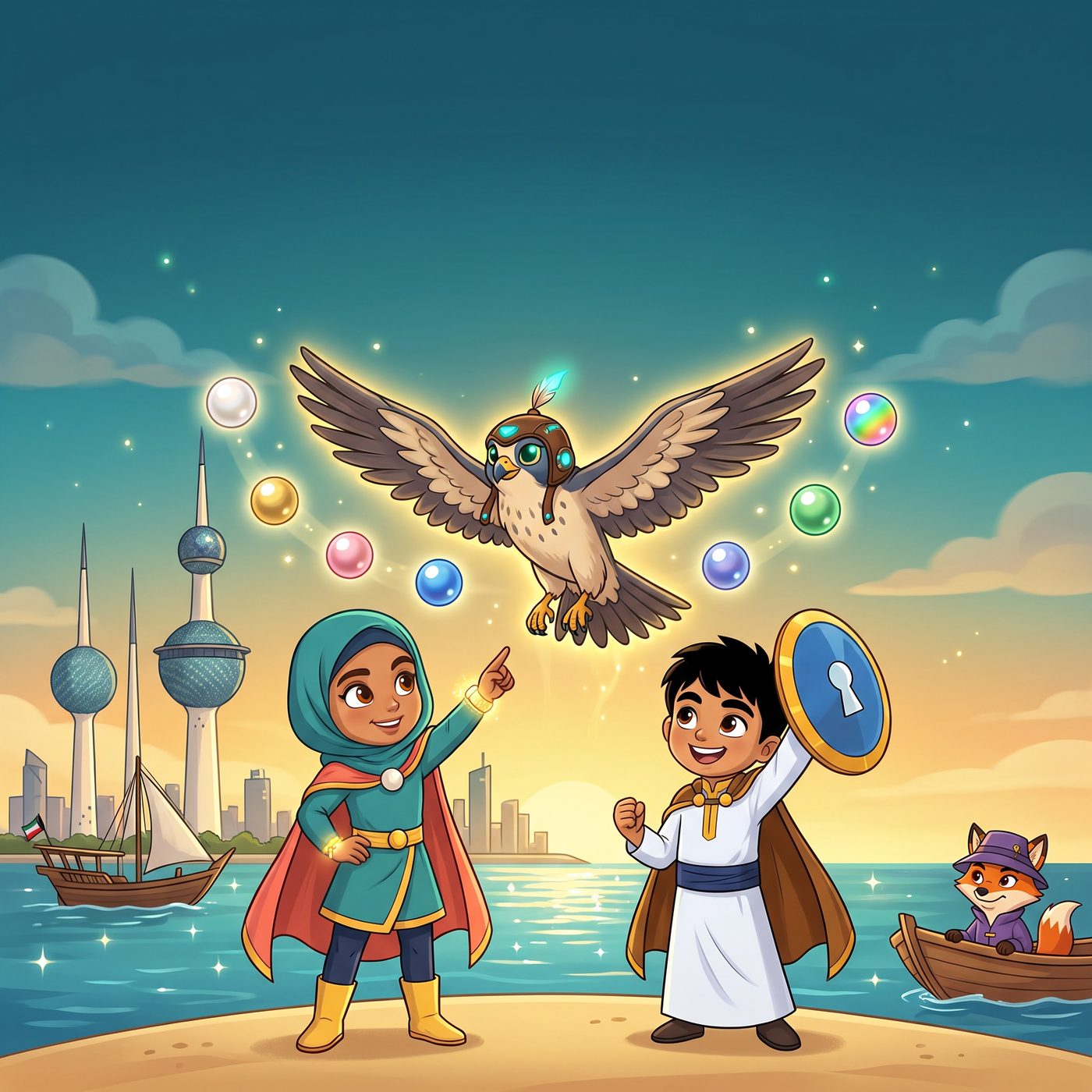 Hailah and Saud with Shaheen the falcon and the six glowing pearls over Kuwait City at sunset